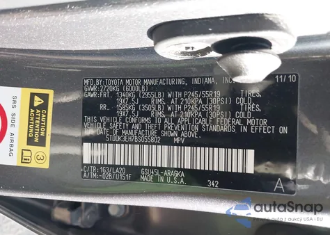 2011 Toyota Highlander Limited V6 z USA, uszkodzony, nr VIN 5TDDK3EH7BS055802